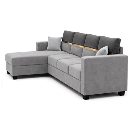 Image of Furny Arvea 5 Seater Fabric LHS L Shape Sofa Set (Light Grey-Dark Grey) | Soft Velvet Fabric | Modern Design | Comfortable Seating | Living Room Furniture