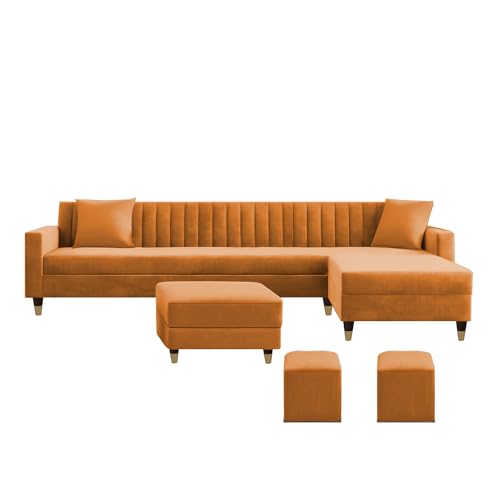 Image of Casaliving Garcia RHS 8 Seater L Shape Sofa Set with Ottoman & 2 Puffy for Living Room (Orange) Premium Fabric Sofa Set