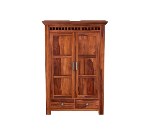 Image of Sheesham Wood Wardrobe with 2 Drawer and 2 Shelves Storage for Bedroom Wooden Almirah for Clothes for Living Room Bedroom Home, Solid Wood Furniture (Honey Brown)