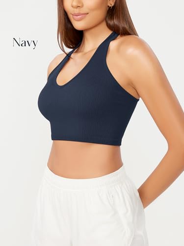 ODODOS 3-Pack Seamless Racerback Crop Tank for Women Ribbed Knit Soft Crop Tops, Black+Navy+Blue, Medium/Large