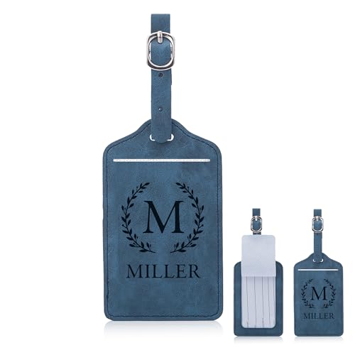 Image of Personalised Luggage Tags Custom Luggage Tags for Suitcases Engraved Leather Suitcase Tags Luggage Tag Personalised Luggage Labels Baggage Tags for Suitcases Backpacks Travel (Blue)
