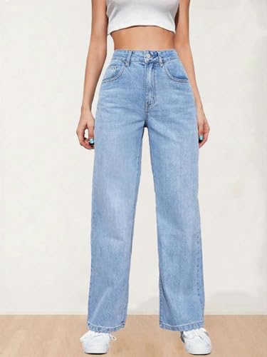 Image of KOTTY Women's High Waist Wide Leg Button Coin Pocket Straight Fit Jeans Stylish Regular to Plus Size Fit Denim Jeans for Women