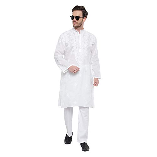 Image of Lucknow Chikan Men's White Pure Cotton Kurta Pajama Set, Full Booty (44)