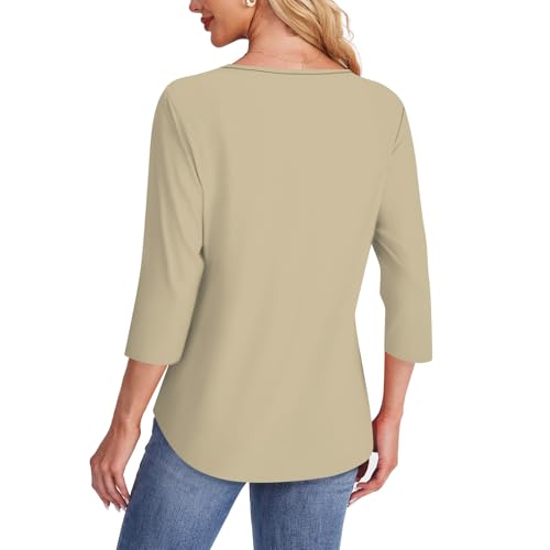 Tops for Women Trendy 3/4 Sleeve Summer Shirts Casual Solid Tops Pleated Crewneck 3/4 Length Sleeve Blouses Curved Hem4