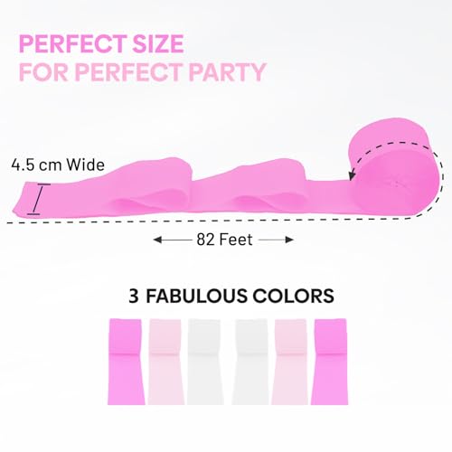 Image of 6 Pink & White Crepe Paper Streamers, 492ft Pack of Party Decorations | Each roll is 82 ft long and 1.8 Inch wide ideal for Birthday Party Decor, Baby showers and Bachelorette Parties