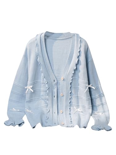 Floerns Girl's Bowknot Ruffle Trim Long Sleeve Knitted Button Down Cute Cardigan Sweater