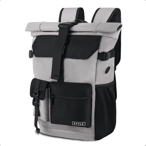 KYYLZ Mochila para mujer, mochila Rolltop para hombre, mochila escolar grande, mochila impermeable con compartimento para portátil, mochila de viaje, mochila informal, ocio, trabajo, senderismo, gris,