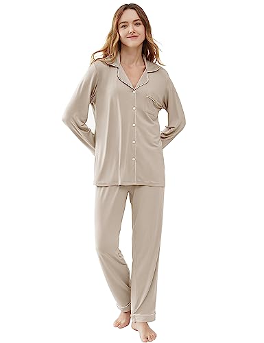 Image of Cherrydew Women's Bamboo Viscose Cooling Long Sleeve Button Up Pajama Set | Buttery-Soft Feel,Naturally Cool Comfort,Breathable Fabric,Lightweight & Flowy Feel