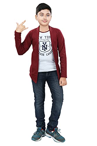 Image of Boy's Cotton White Printed T-Shirt with Blue Jacket Shrug