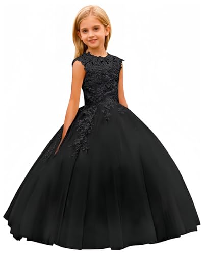 Puffy Tulle Flower Girl Dress for Wedding Lace Appliques First Communion Dress for Girls Long Sleeveless Pageant Gown