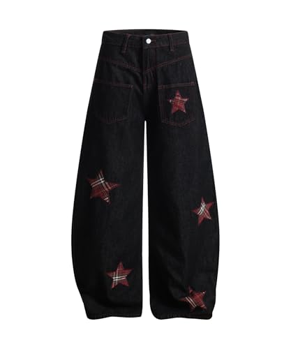 Vintage Star Patch Wide Leg Jeans Baggy Barrel Denim Pants Retro Streetwear