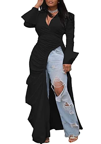 Seltaon Sexy Shirt Dresses for Women High Low Asymmetrical Tops Long Sleeve T Shirt Dress