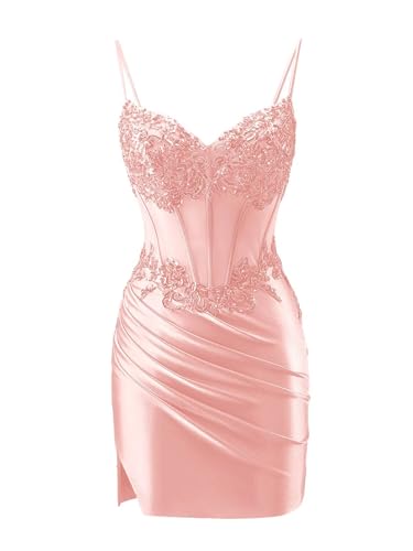 Homecoming Dresses 2025 Lace Applique Corset Bodycon Spaghetti Strap Sweet 16 Satin Short Cocktail Gown with Slit