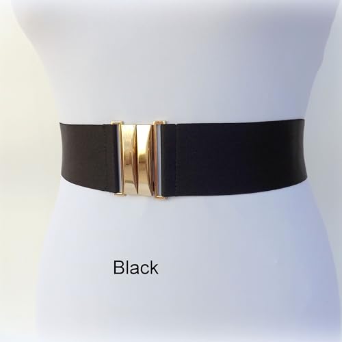 Black Wide Elastic Waist Belt with Gold Clasp For Women2