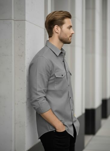 Image of DEELMO Men's Classic Cotton Blend Slim Fit Shirt || Full Sleeve Button-Down Casual Shirt with Dual Flap Pockets || Soft Breathable Fabric || Ideal for Office Party and Everyday Wear