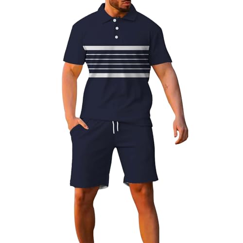 Tracksuit Hombre Verano Conjunto de 2 Piezas Camiseta y Pantalones Cortos Solapa Chándal Manga Corta Traje Deportivo Holgado Chándal Elástico Ropa Activa Suéter Traje de Verano Traje de Lino a Rayas