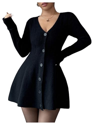SOLY HUX Women's Sweater Dress Button Down V Neck Long Sleeve Knit A Line Mini Dresses