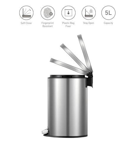 Image of Obsessions EKO Soft-Close Bathroom Trash Can - 5L Stainless Steel Pedal Bin with Lid & Liner, Elegant Waste Basket for Home & Office, Metallic