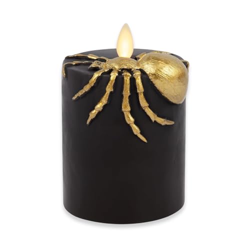 Image of Luminara Spider Flameless LED Candle, Black & Gold 3 inch x 4.5 inch, Moving Flame Pillar, Battery Operated Timer Real Wax Halloween Gothic Home Decor