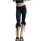 Baynoyia Women Cropped Leggings Bowknnot Tie Up Sides Tights Wide Elastic Waistband Capri Pants Ruffle Hem (Black, M)