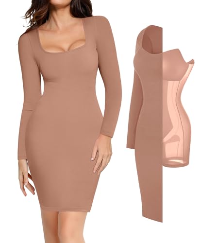 Image of Popilush Long Sleeve Midi Dresses for Women, Built-in Bra Shapewear Dress | Bodycon, Tummy Control, Square Neck, Cocktail Party and Dinners