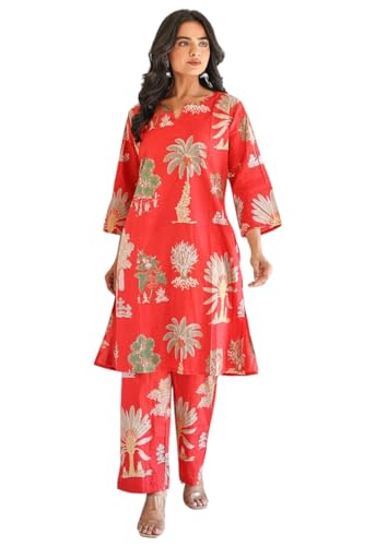 Image of LookMark Women's Viscose Rayon Printed Stitched Kurta with Pant | Red Color Kurta Set | Kurta with Pant Set for Woman | Printed Kurta Set