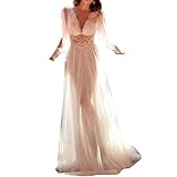 Tomwell Damen Elegant Maxi Kleider V-Ausschnitt Lang Abendkleid Festlich Cocktail Herbstkleider Elegant Hochzeitkleid Brautkleid H Weiß M