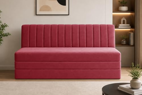 Image of 3-Seater Velvet Sofa Cum Bed | Convertible Sleeper Sofa | Modern Foldable Couch for Living Room, Bedroom & Office | Red
