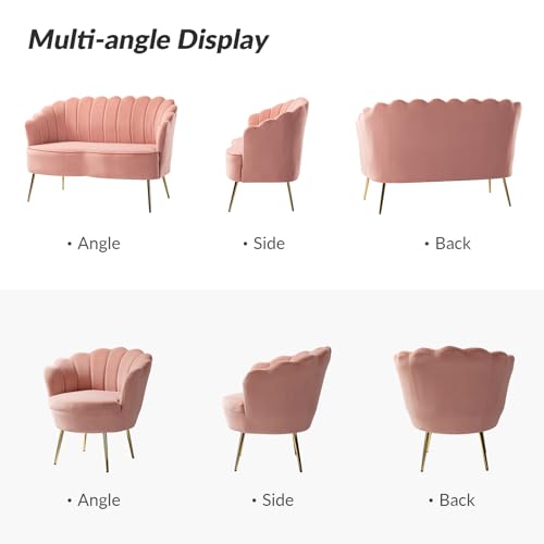Image of HULALA HOME 3 Piece Velvet Living Room Furniture Set, Including Loveseat & 2 Sofa Chairs, Modern Comfy Upholstered 2-Seater Sofa & Accent Chair Set for Bedroom, Flower Shaped Back & Gold Legs, Pink