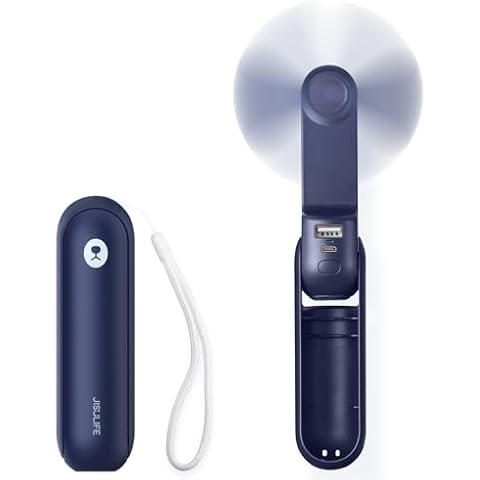 JISULIFE Portable Handheld Fan, Mini Hand 3 In 1 Fan, Small Rechargeable Battery Operated Fan, Personal Foldable Pocket Fan with USB Power Bank, Flashlight, Gifts for Women/Girls/Friends - Blue Cover
