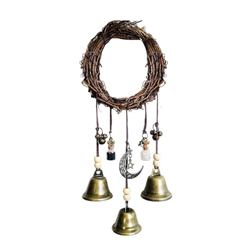Rattan Ring Windchime Door Knob Wall Hanging, Magic Witch Wind Chimes Christmas Wreath, Boho Rope and Bell Hanging Home Decor, Witch Bells for Home Protection (#A)
