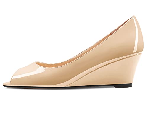HEUIVZAR Women Wedge Pumps Open Peep Toe Mid Low Heel Slip-on Patent Dress Shoes Classic 2 Inch2