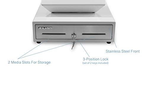 Silver by AB SCD10 Point of Sale (POS) Register Bundle - Stand for 9.7\" iPad w/Rotary Plate & White 13\" Cash Drawer: Removable 4 Bill / 5 Coin Money Tray, 2 Media Slots, Manual & Electronic Open
