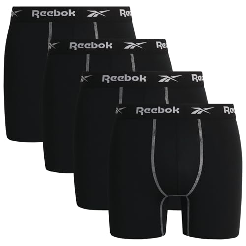 Rebook Mens Boxer Briefs - 4 Pack Stretch Performance Moisture Wicking Mens Underwear Boxers with Contour Pouch (Sizes: S-XL), Size X-Large, All Black