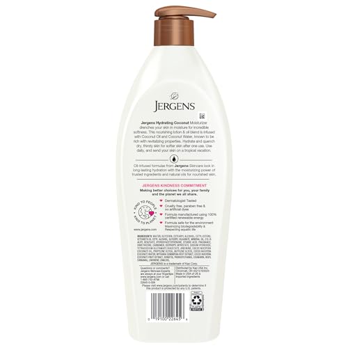 Jergens Hydrating Coconut Body Lotion, Hand and Body Moisturizer, Infused with Coconut Oil, Hydrates Dry Skin Instantly, Dermatologist Tested, 26.5 Oz