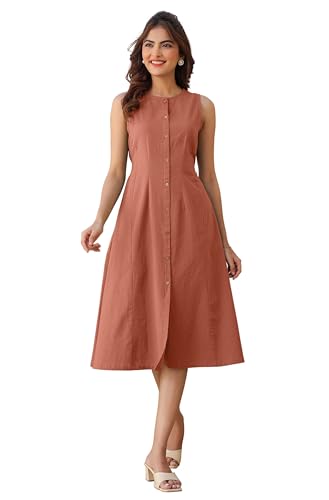 Image of Janasya Women's Rust Linen Cotton Solid A-line Dress