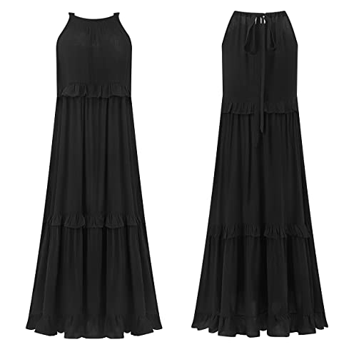 R.Vivimos Womens Summer Dress Cotton Sleeveless Halter Layered Ruffles Casual Boho Flowy Maxi Dress (Small, Black)
