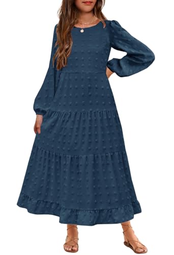 HOSIKA Girls Maxi Dress Long Sleeve Swiss Dot A Line Tiered Flowy Casual Party Dresses with Pockets for 6-12 Y