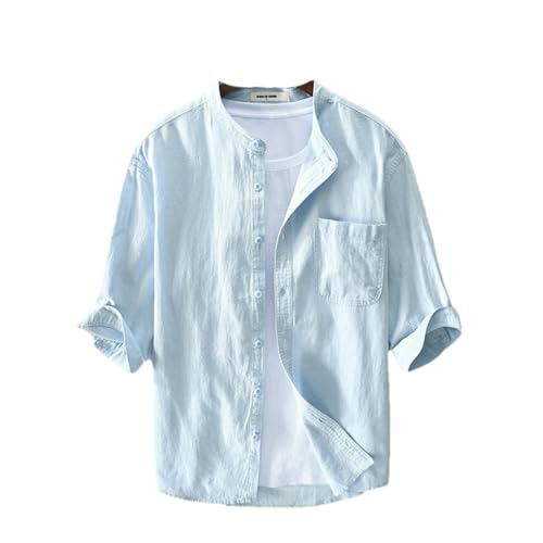 Chemise homme manches mi-longues coton lin couleur unie boutonnée avec poches poitrine décontractée