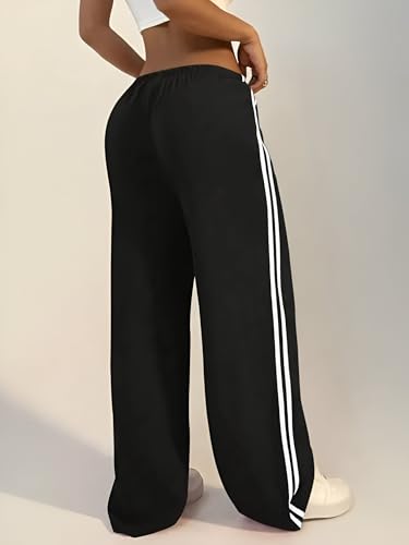 Image of THIRD QUADRANT Women's Wide Leg Track Pants for Women | Black with White Side Stripes | Drawstring Waist (in, Alpha, L)
