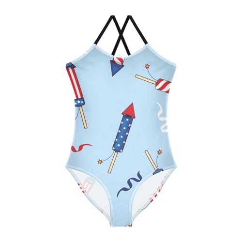 Girls One Piece Swimsuits Firecracker and Firework on Blue Sport Halter Swimwear Beach Bathing Suit,7-8T
