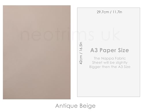 Faux Leather Fabric A3 Size Rectangular Cut Fat Square Sheets for Crafts Projects and Light Upholstery. Vegan Matt Vinyl Pleather PU Material by Neotrims. 16 Colours. Antique Beige