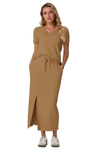 Image of GRECERELLE Women Summer Casual 2 Piece Sets V-Neck Wrinkle-Free Top & Elastic Waist Midi Side Slit Skirt with Pockets