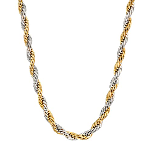 Metro Jewelry Stainless Steel Rope Chain Necklace for Men with Black or Two Tone Yellow Gold Ion Plating 4MM 18 to 30 Inch Long with Lobster Claw