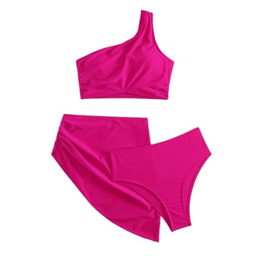 Conjunto de biquíni de 3 peças para mulheres, maiô de um ombro, cintura alta com controle de barriga e saia de saída, Rosa choque, GG