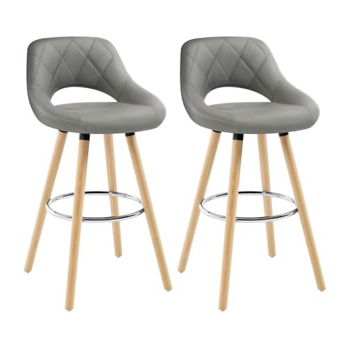 WOLTU Tabouret Bar, Lot de 2, Chaise Haute Bar, Tabouret Haut avec Dossier et Repose-Pieds, Cadre en Bois, Siège en Similicuir, Gris, BH111gr-2