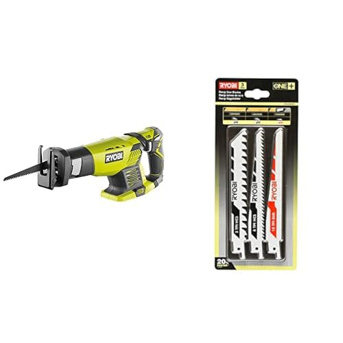 RYOBI - Scie Sabre 18V ONE+ - Course de Lame 22mm - Capacité Coupe 18cm - Patin Ajustable, Poignée Gripzone, Anti-Vibration - Changement de Lame sans Outil & Blister 3 lames spéciales scie sabre