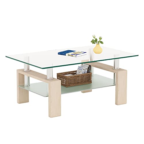 Meihua Glass Coffee Table with Metal Legs, Center Table&Glass Table for Living Room, Modern Table with Tempered Glass Top (Oak)