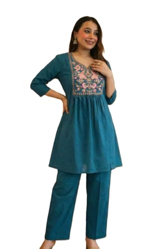 Image of Women's Rayon Embroidered Kurti with Pant Set | Floral Yoke Design | 3 /4 Sleeve Ethnic Co-Ord Set | Regular Fit Traditional Outfit