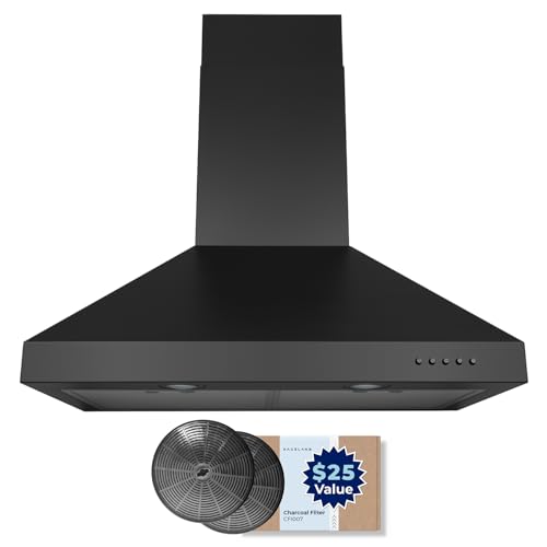 Hauslane Wall Mount Range Hood 30 Inch | Matte Black Wall Chimney | 6 Duct/Ductless Convertible Strong Suction Six-layer Aluminum Filters Changeable LED Lamps Stove Kitchen Vent Hood